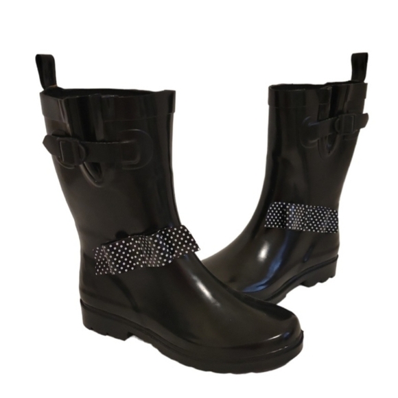 Capelli of New York Black Polka Dot Bow Rain Boots Size 7 - Picture 1 of 7